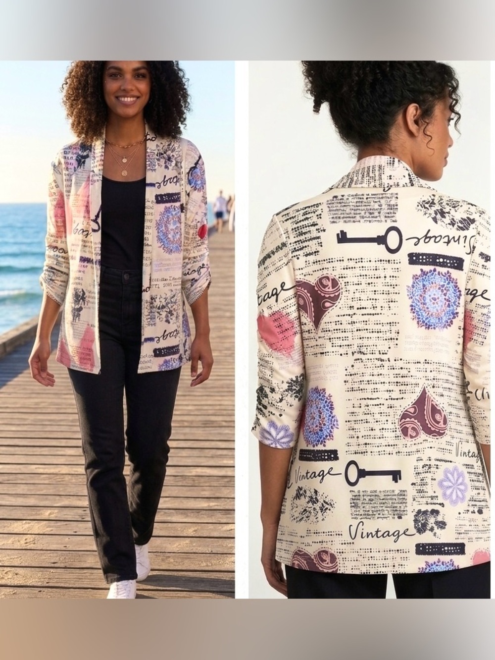 Lily abstract Printed Open Front Kimono Jacket in Cream, Black & Pink